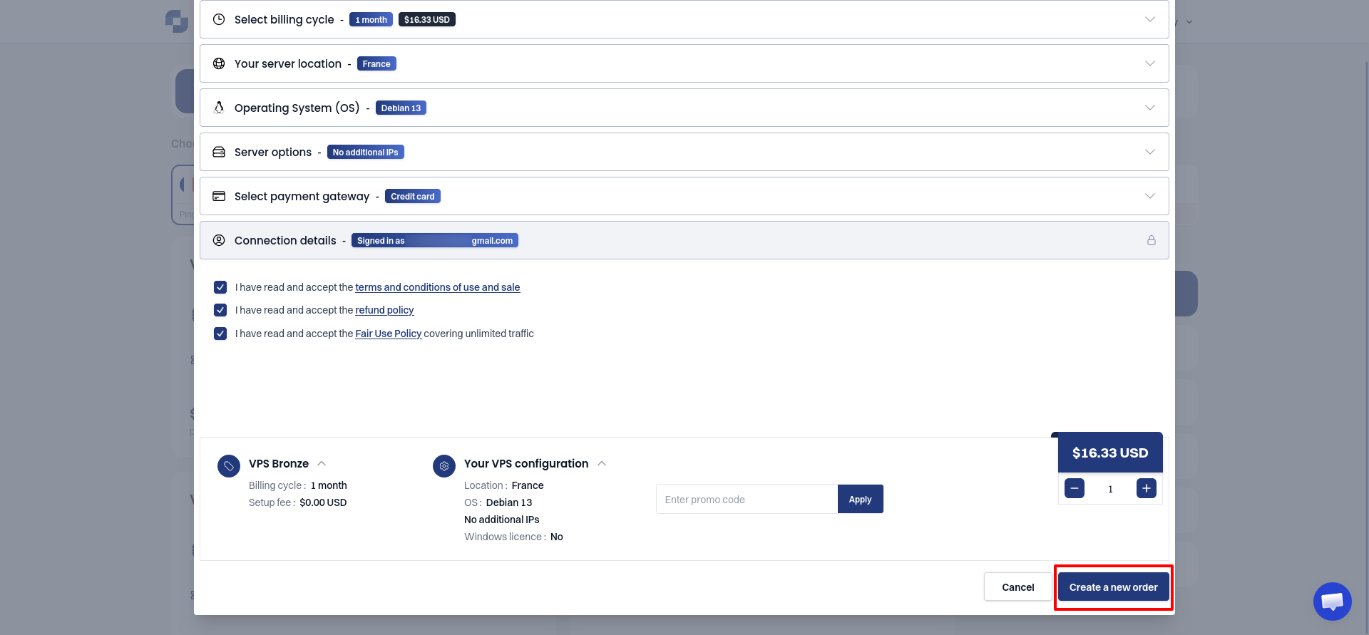 Infrawire order summary showing completed sign-in, accepted policies, and the Create a new order button.