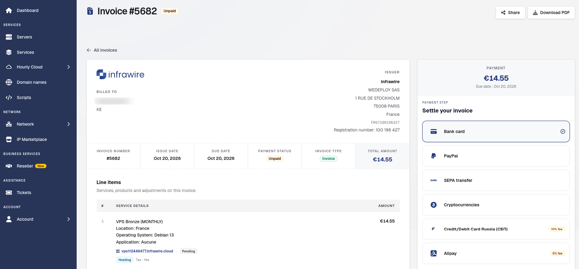 Infrawire unpaid invoice for VPS Bronze showing EUR 14.55 due, Debian 13 in France, the payment-method choices, and the Pay invoice action.