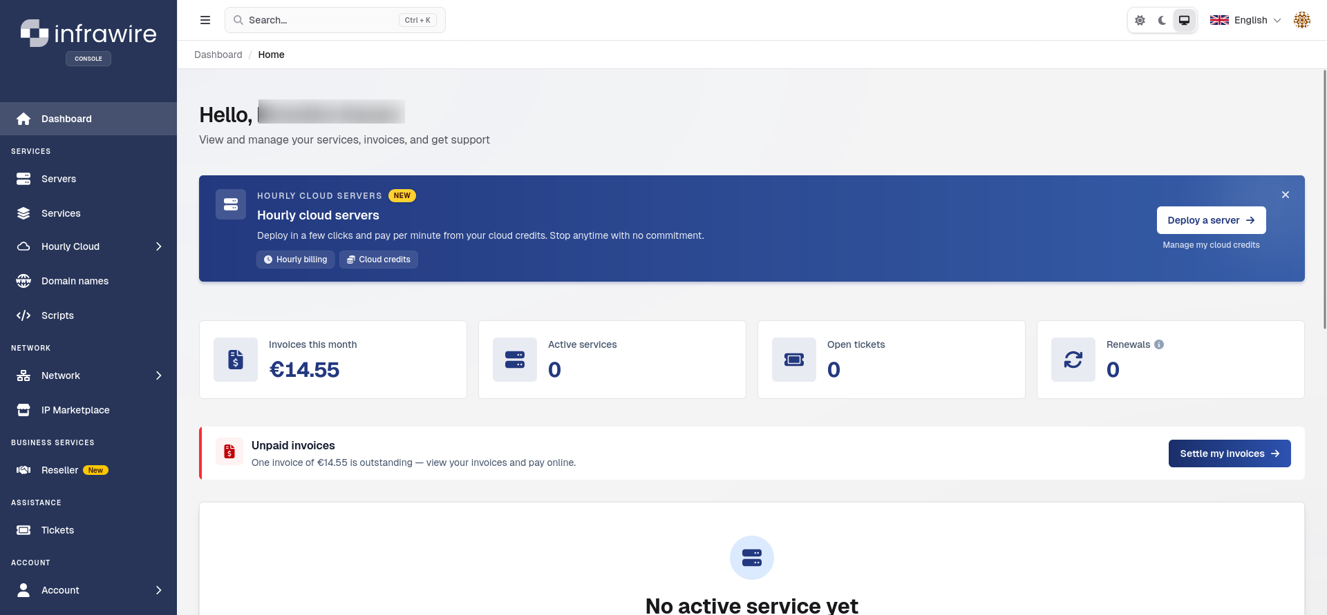 Infrawire customer dashboard showing the left navigation, account summary cards, unpaid invoice notice, and empty services area.