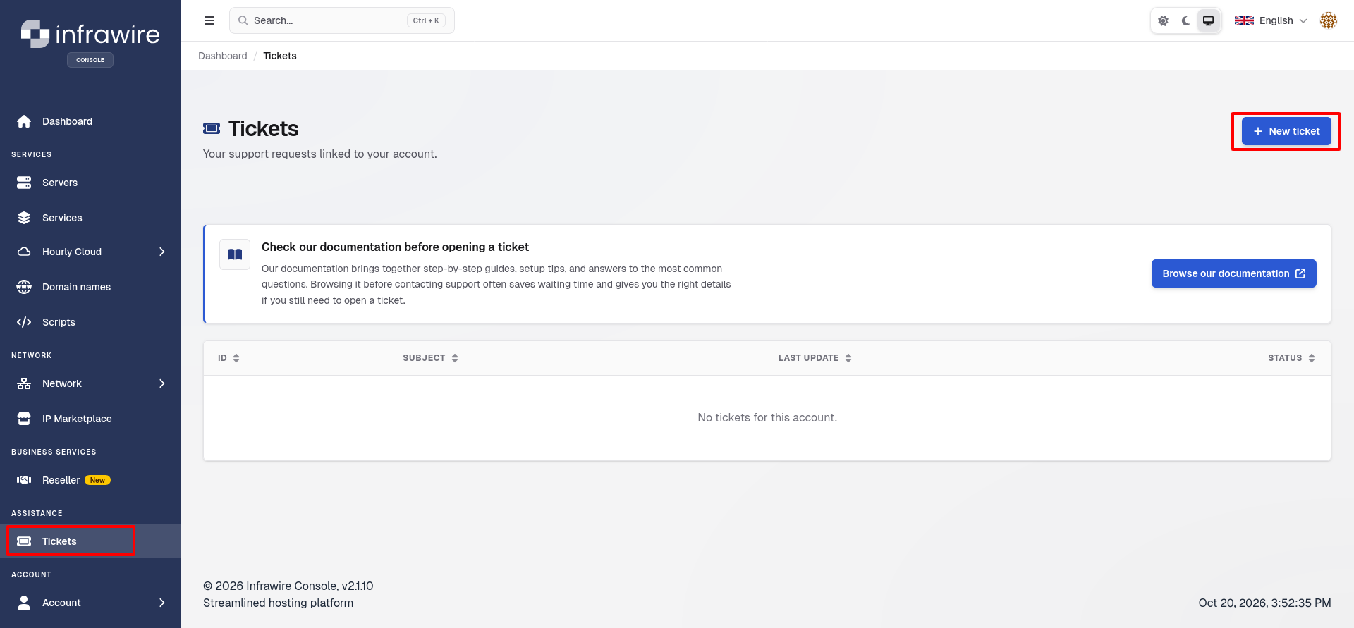 Infrawire Tickets page showing the New ticket button, documentation shortcut, and support request history area.