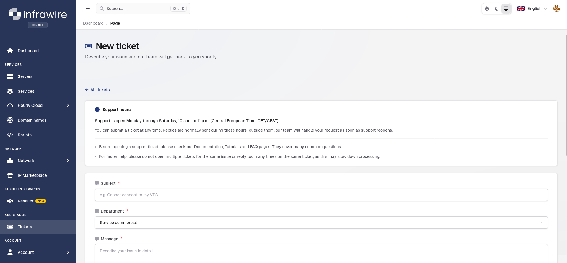 Infrawire ticket form showing the posted support hours and fields for the subject, department, and message.