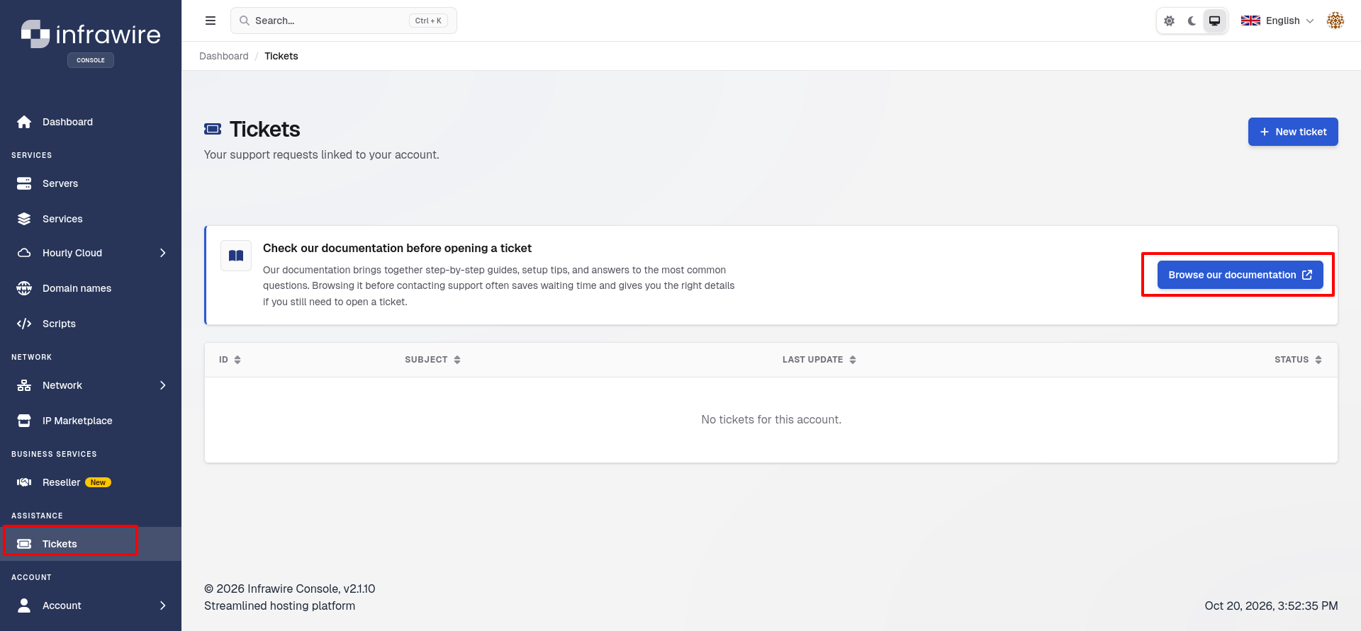 Infrawire Tickets page highlighting the Browse our documentation link used to open the public tutorial library.