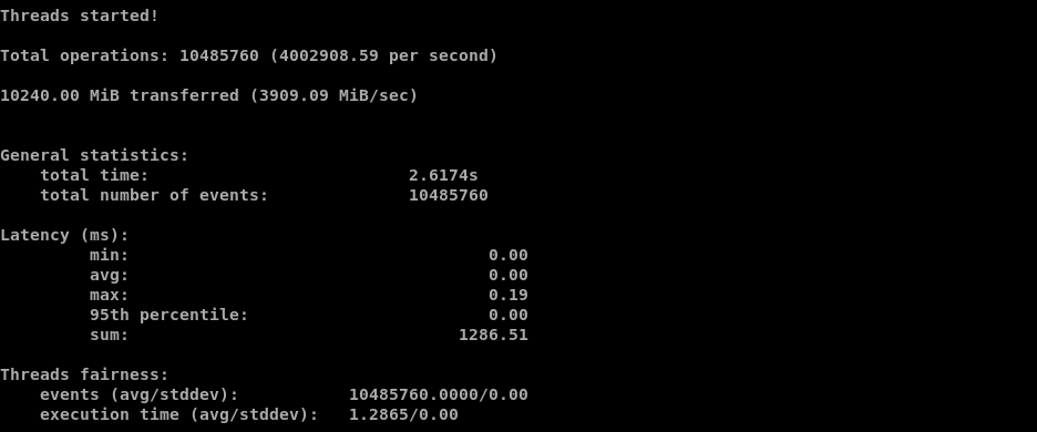 Infrawire sysbench memory-write test showing 10 GiB transferred at 3,909.09 MiB/s.