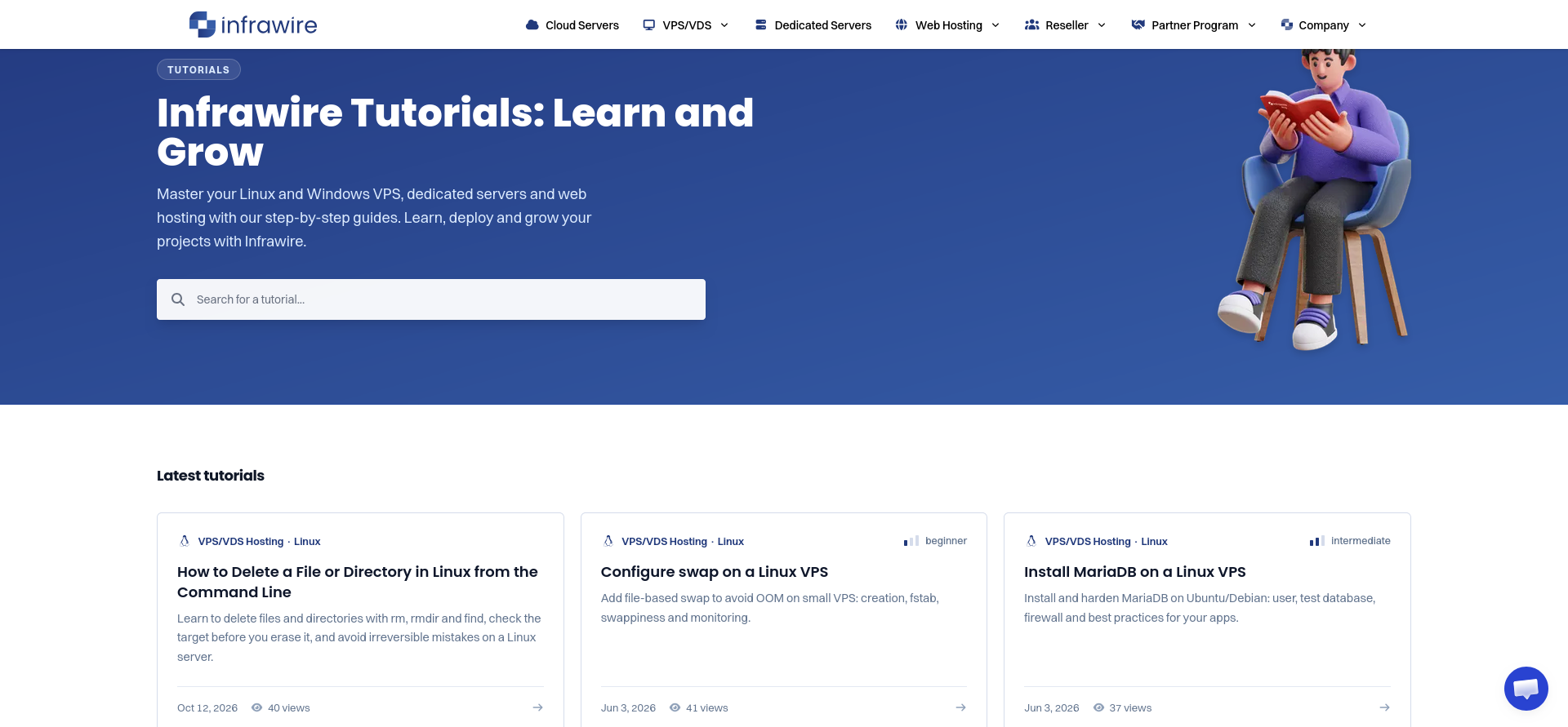 Infrawire tutorial homepage showing the search field, latest guides, and topic cards for VPS/VDS, dedicated servers, and web hosting.