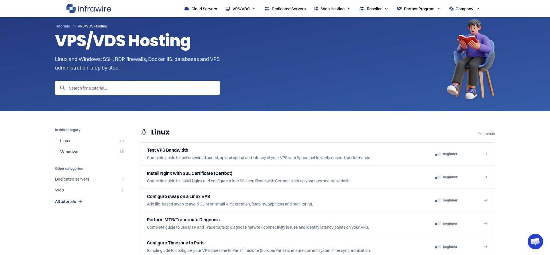Infrawire VPS/VDS tutorial category listing Linux and Windows guides with summaries and beginner or intermediate difficulty labels.