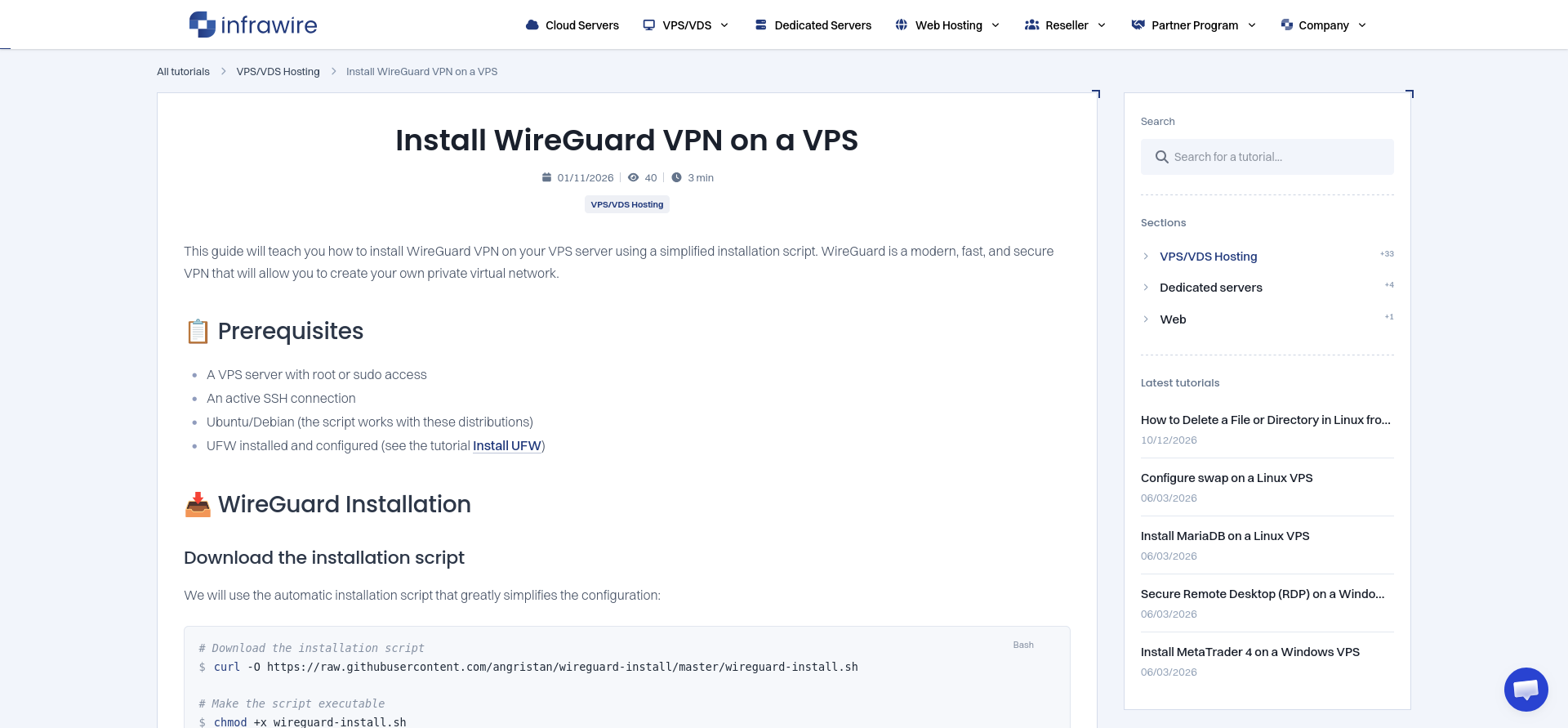 Full Infrawire WireGuard VPN tutorial showing prerequisites, installation commands, client configuration, verification, troubleshooting, and FAQs.