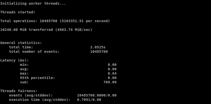 Infrawire sysbench memory-read test showing 10 GiB transferred at 4,983.74 MiB/s.