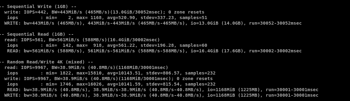 Infrawire fio benchmark showing sequential disk reads at 561 MiB/s, writes at 443 MiB/s, and mixed 4 KiB I/O around 9,967 IOPS per direction.