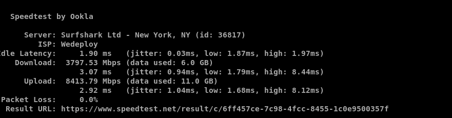 First Ookla Speedtest result showing 3,797.53 Mbps download, 8,413.79 Mbps upload, and 0% packet loss to New York.