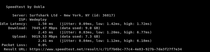 Second Ookla Speedtest result showing 7,045.47 Mbps download, 9,019.53 Mbps upload, and 0% packet loss to New York.