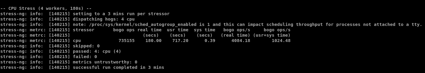Infrawire's 180-second CPU stress test with four workers completed successfully with zero reported failures.