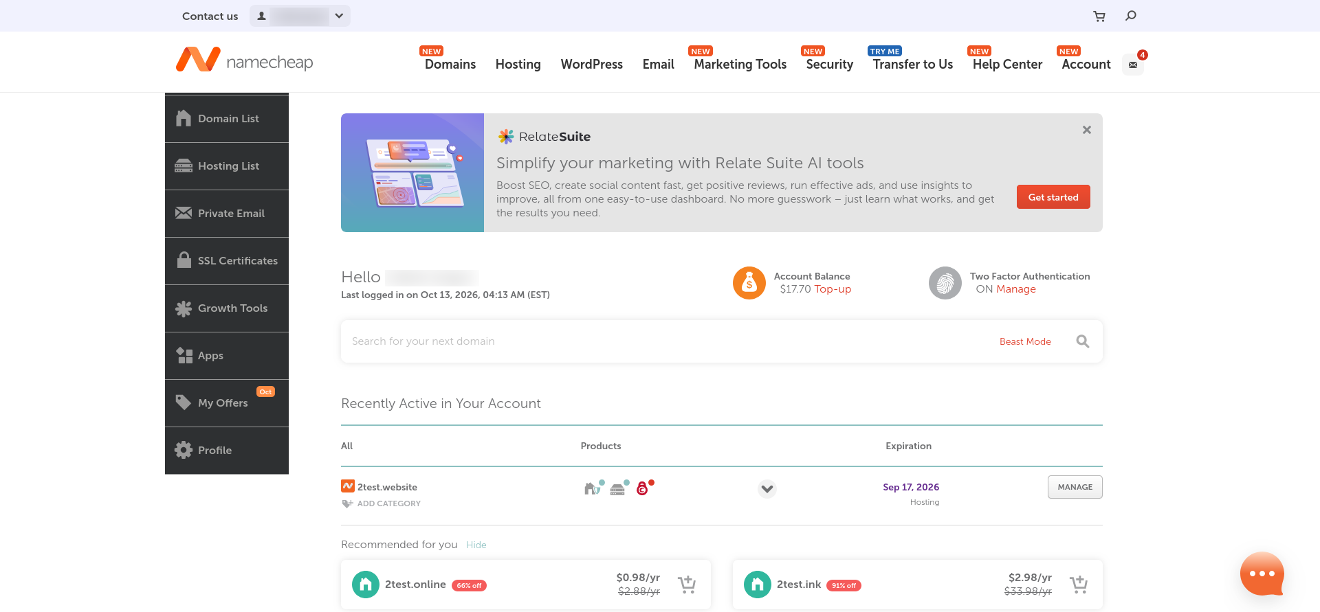 Namecheap account dashboard with domain, hosting, two-factor-authentication and promotional sections.