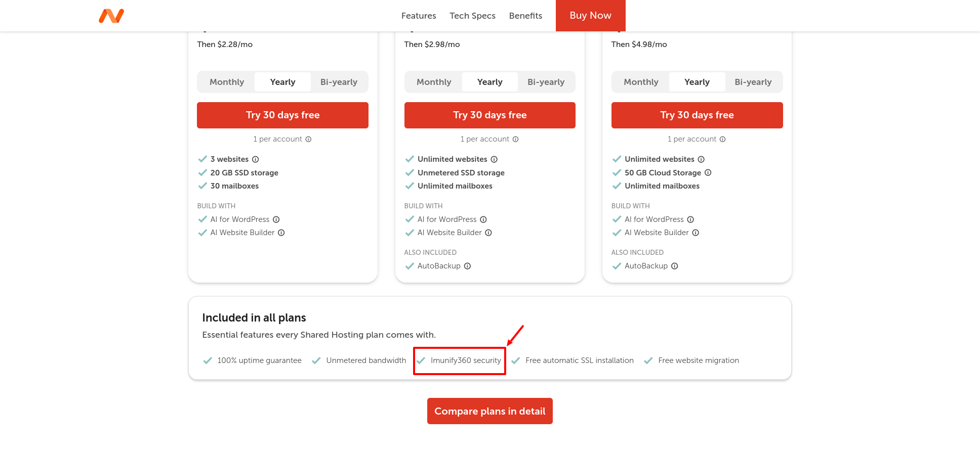 Current Namecheap shared-hosting plan cards identifying Imunify360 on Stellar Business and automatic first-year SSL on shared plans.
