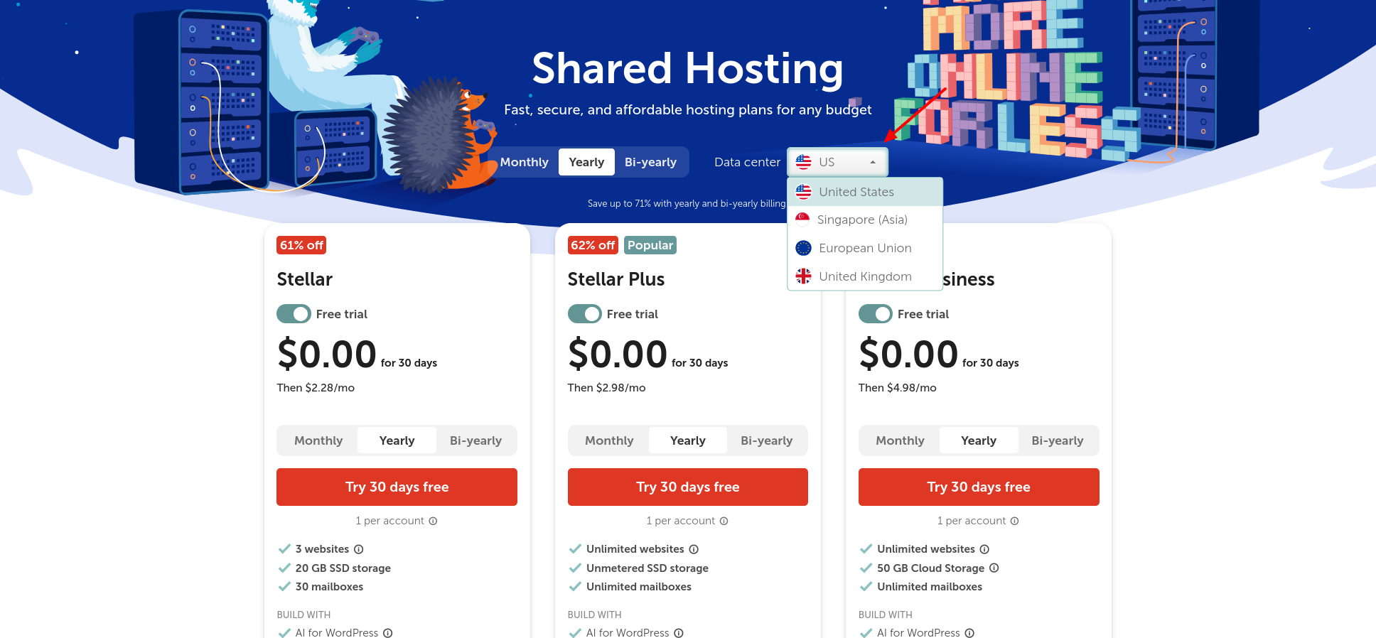 Namecheap shared-hosting region selector listing USA, UK, European Union and Singapore.
