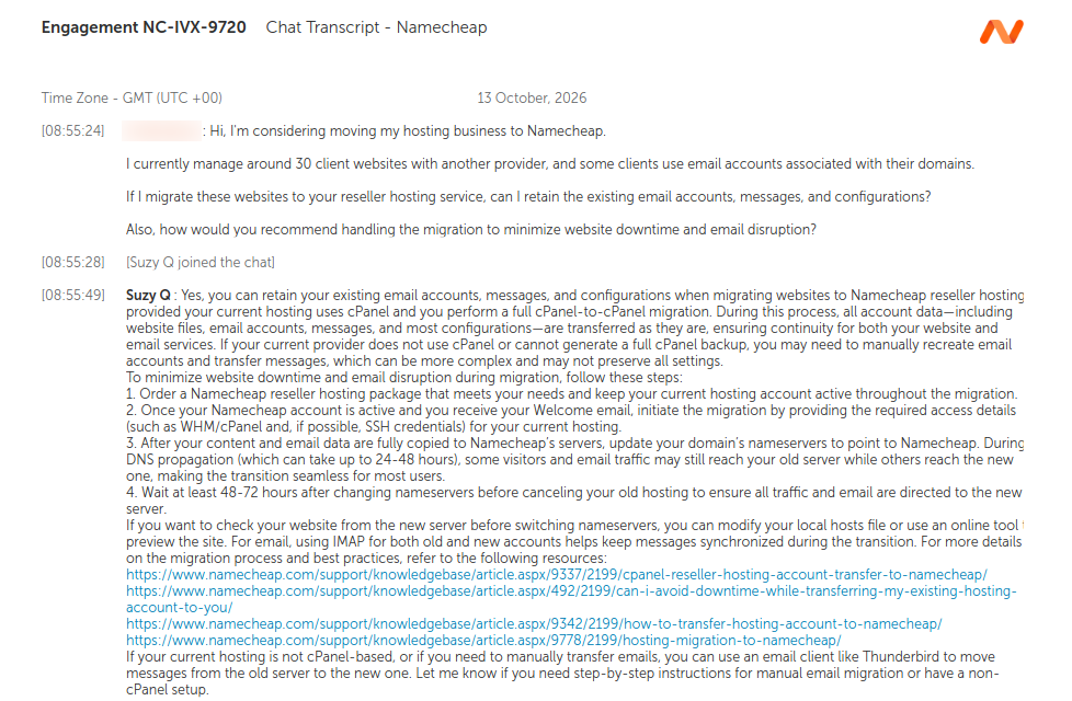 Namecheap support transcript: Suzy Q addresses the 30-site migration and email-continuity question.