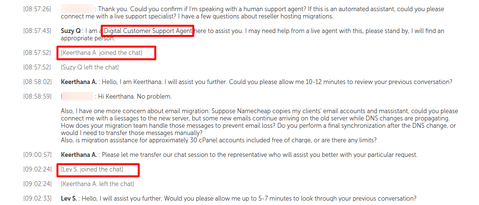Namecheap live chat transcript identifying Suzy Q as a digital agent and showing a human transfer.