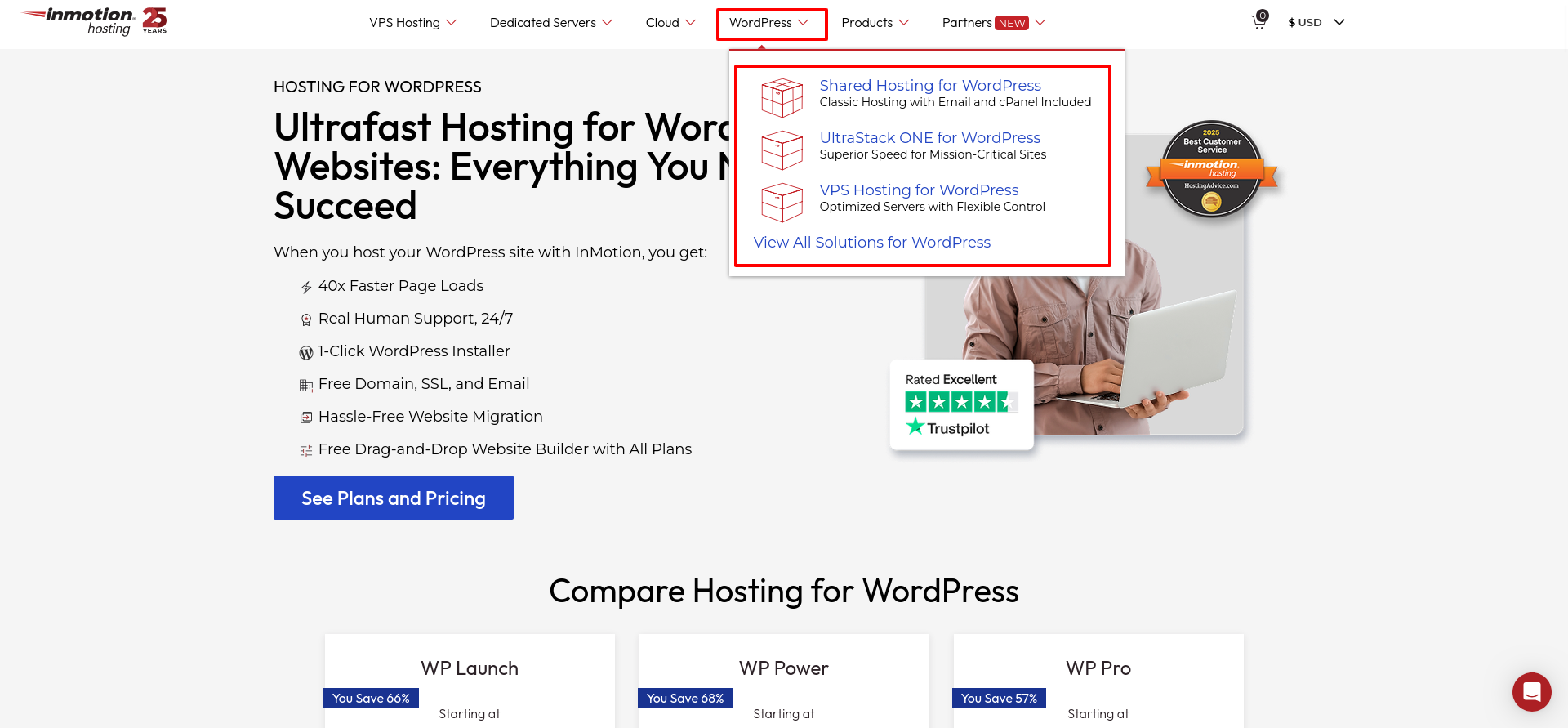 Current InMotion Hosting WordPress product selection showing shared, UltraStack ONE, managed, VPS and dedicated WordPress options.