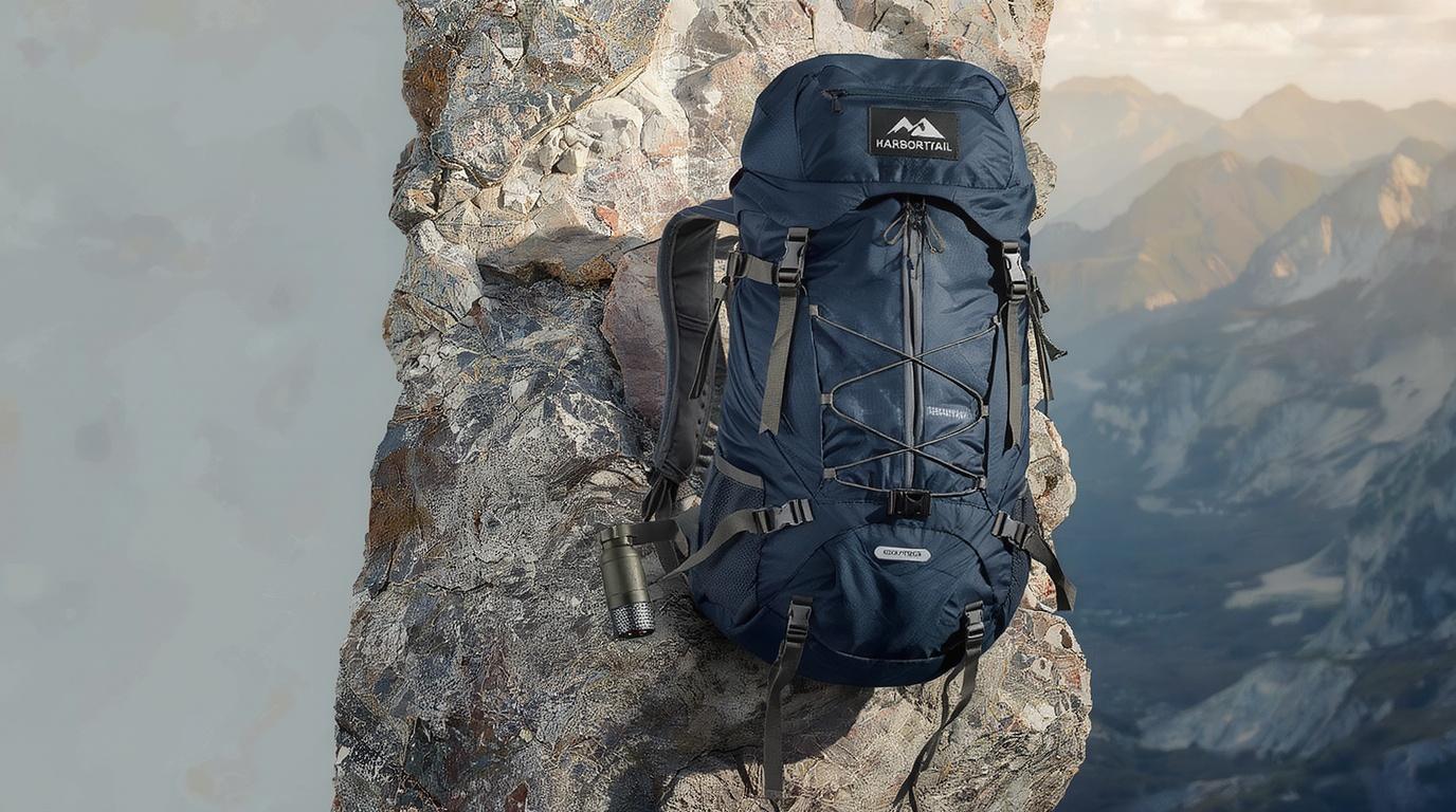 16:9 Lucid Origin hero image, with negative space on the left and a modified backpack in the mountains.