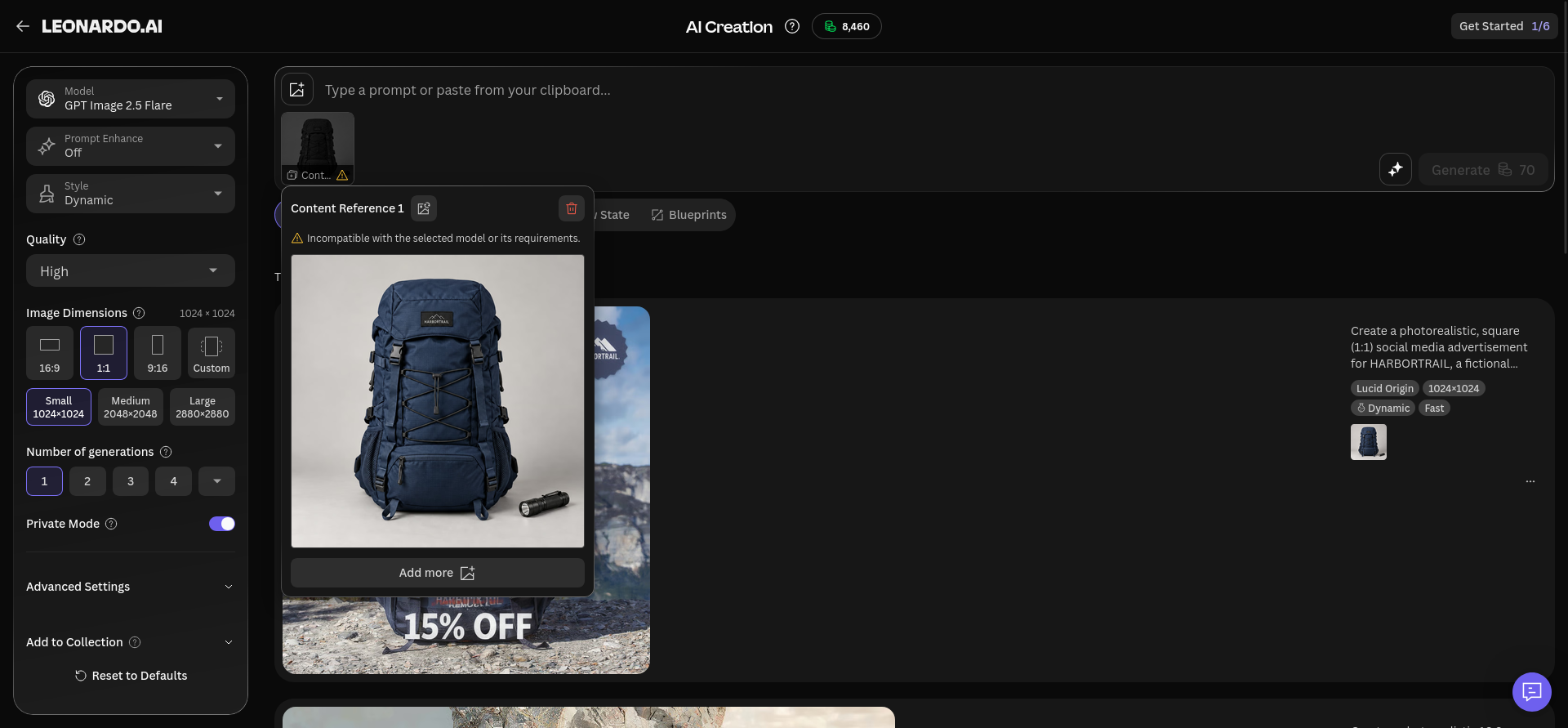 Model compatibility warning for the backpack's Content Reference in GPT Image 2.5 Flare.