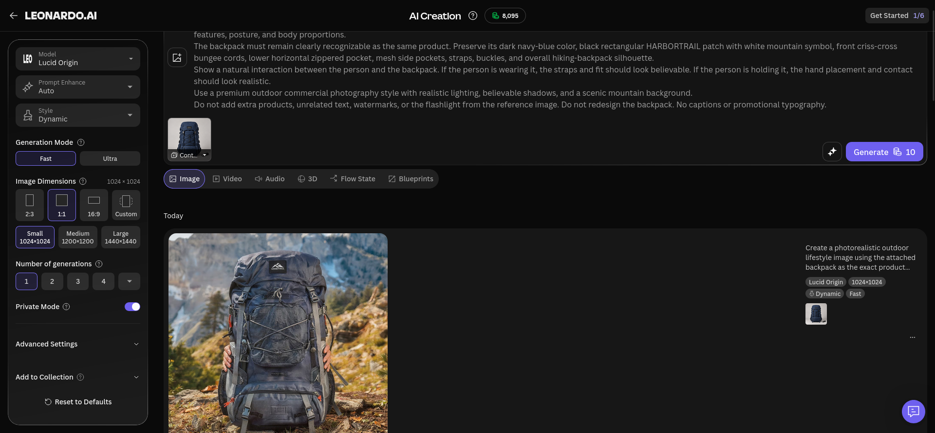 First generated hiker image in Leonardo, showing the person largely hidden behind the backpack.