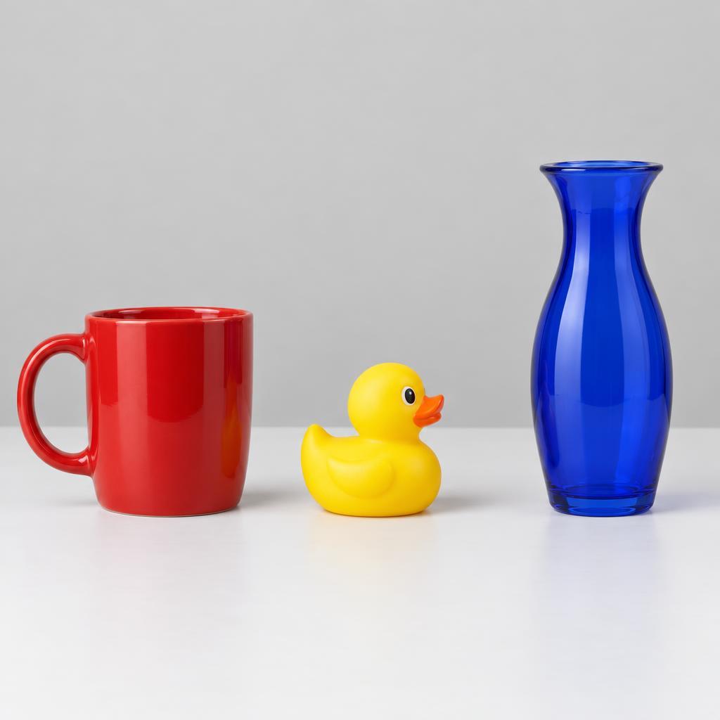 Flare image showing a red mug at left, right-facing yellow duck at centre and blue vase at right.
