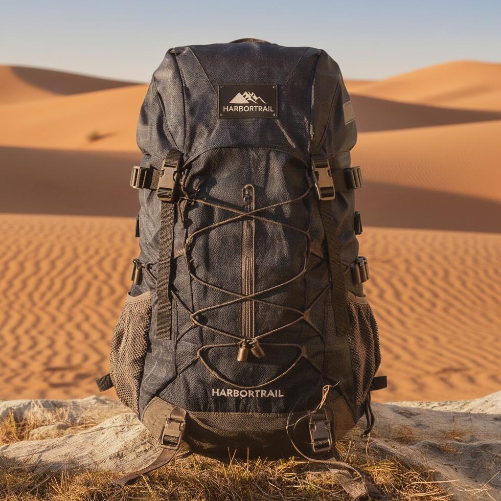 Nano Banana desert edit: the backpack remains upright against dunes but retains existing invented details.