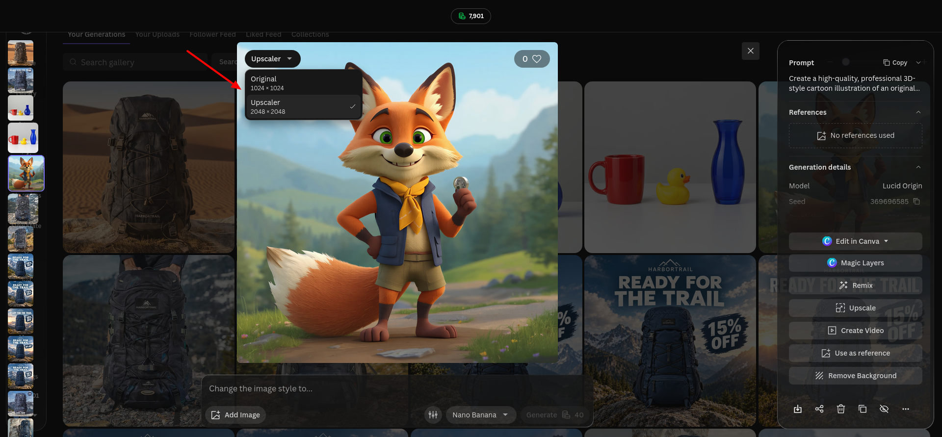 Leonardo Library preview displaying the enlarged 2048 × 2048 fox mascot after Pro Precise upscaling.