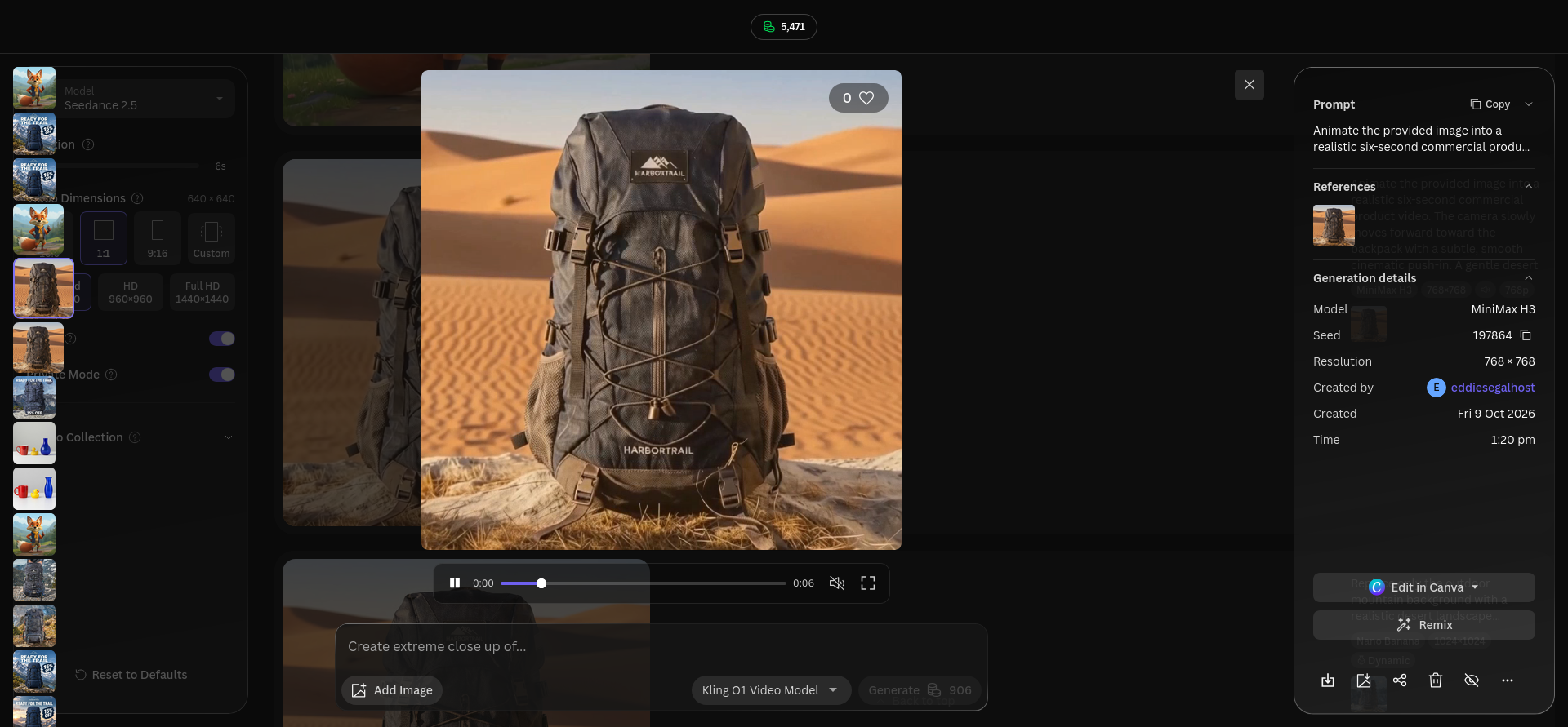 Leonardo Library preview of a six-second MiniMax H3 video showing the navy HarborTrail backpack against sunlit orange desert dunes, with 768 × 768 resolution in the details panel.