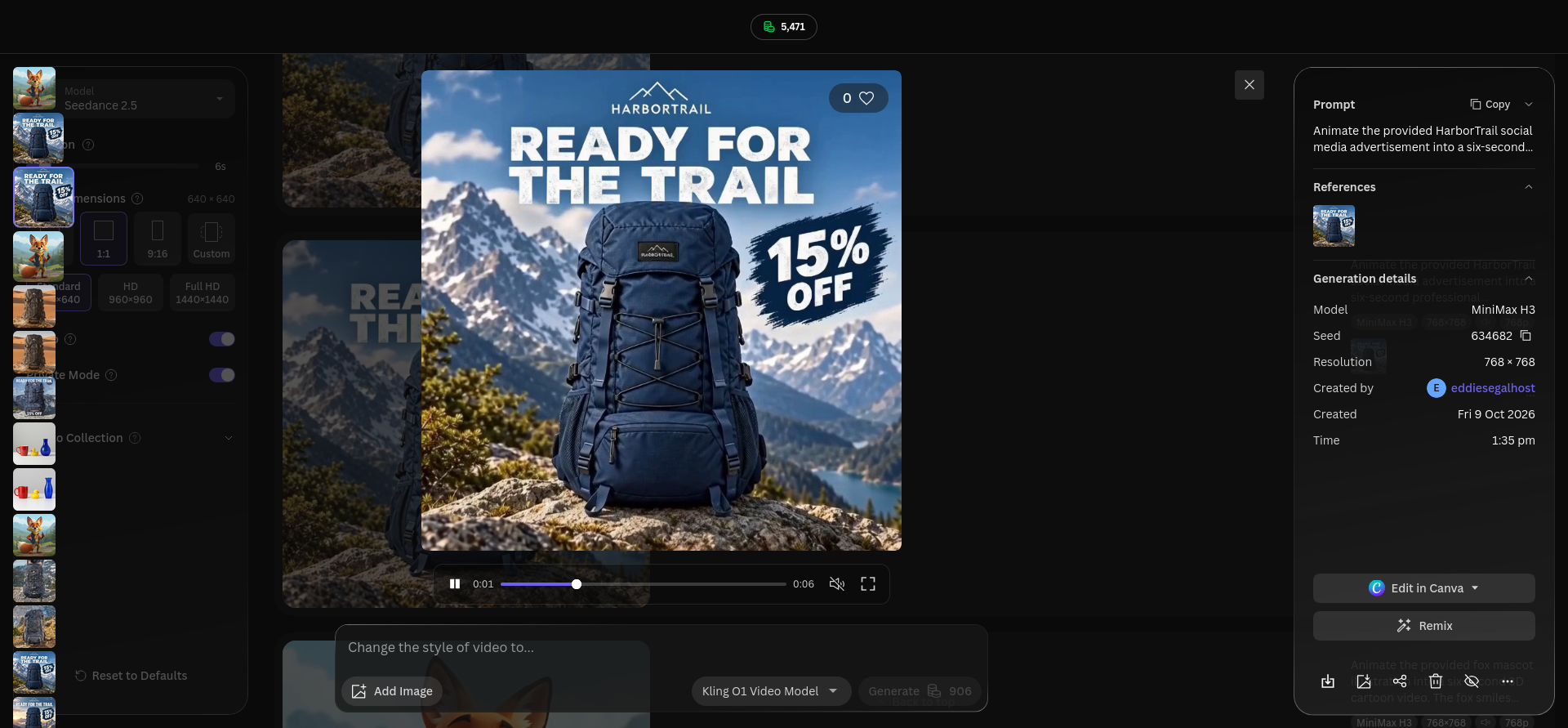 MiniMax H3 video preview showing the HarborTrail backpack against snowy mountains with READY FOR THE TRAIL and 15% OFF visible in the six-second promotional clip.