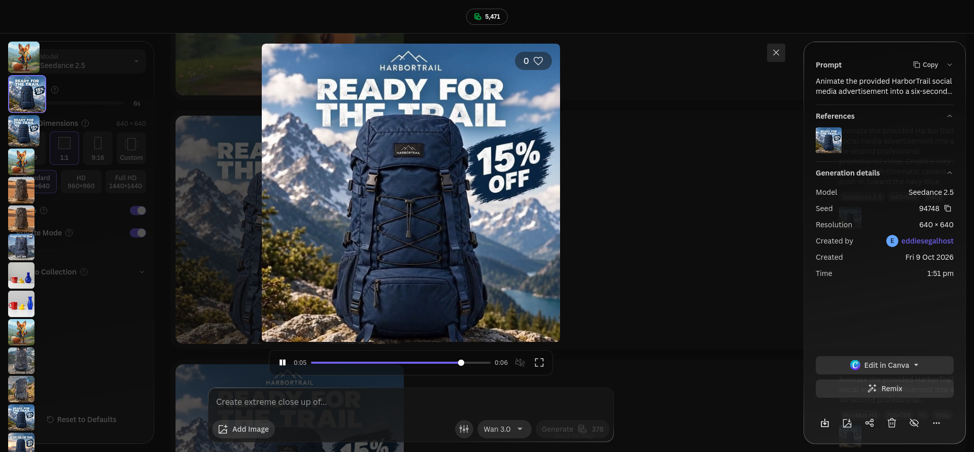 Seedance 2.5 video preview showing the navy backpack enlarged beneath the READY FOR THE TRAIL headline, with the 15% OFF offer still visible against a mountain landscape.