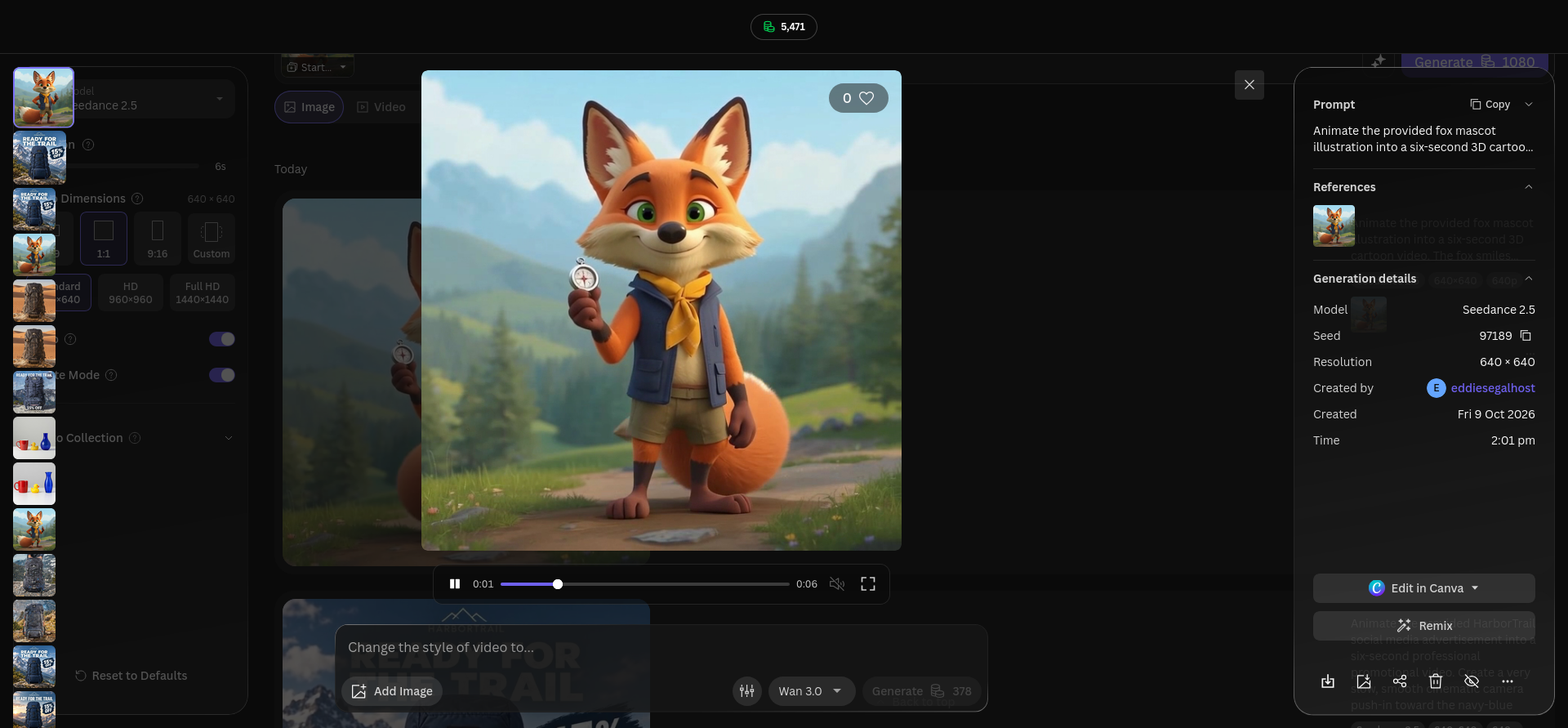 Seedance 2.5 video preview of the orange fox mascot holding a silver compass, wearing a navy vest and yellow neckerchief, with a mountain trail behind it.