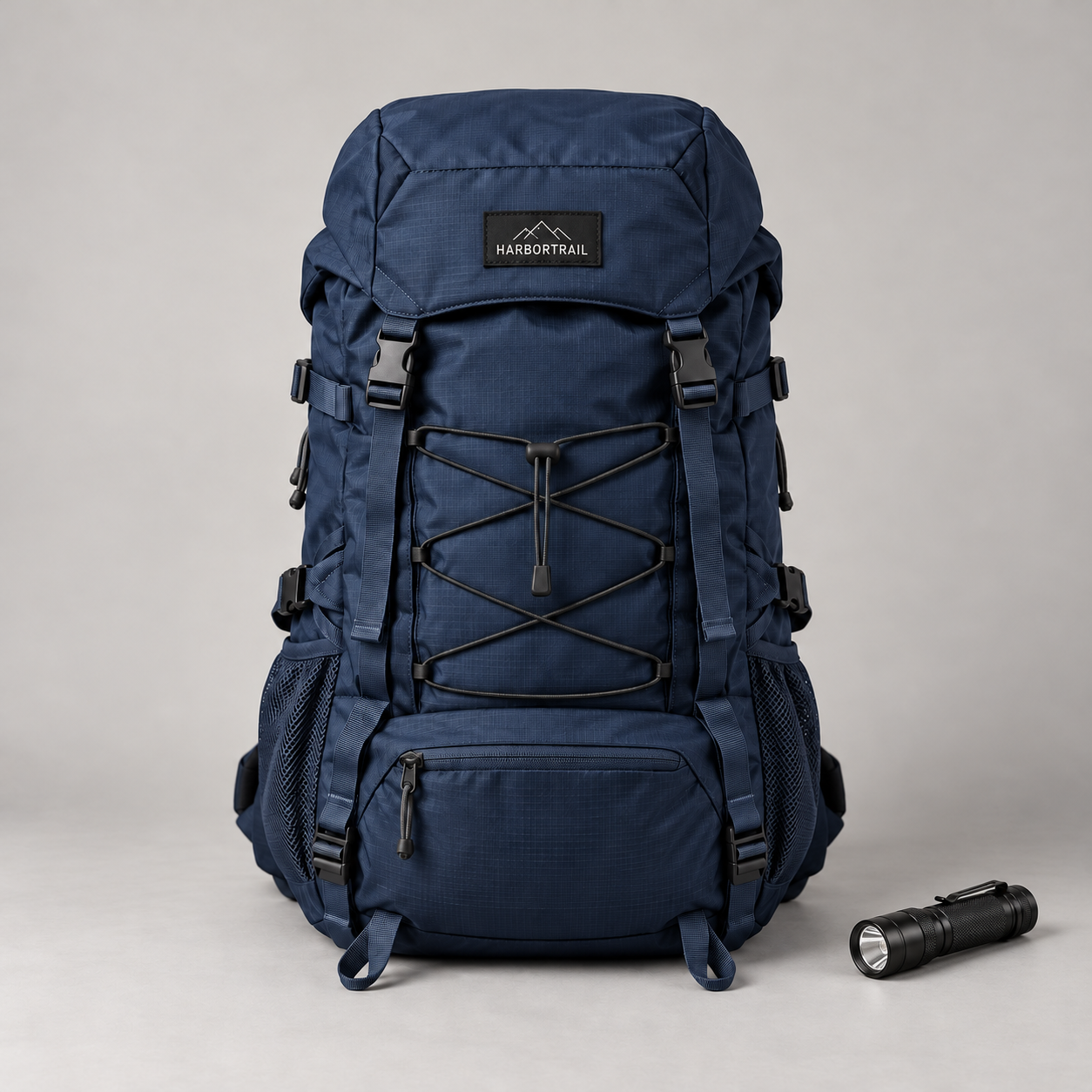 Unmodified reference packshot showing the navy backpack and flashlight against a studio background.