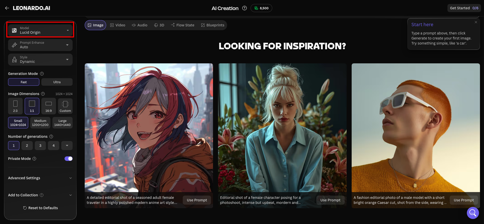 Lucid Origin model, Fast mode, Dynamic style and image-dimension controls.