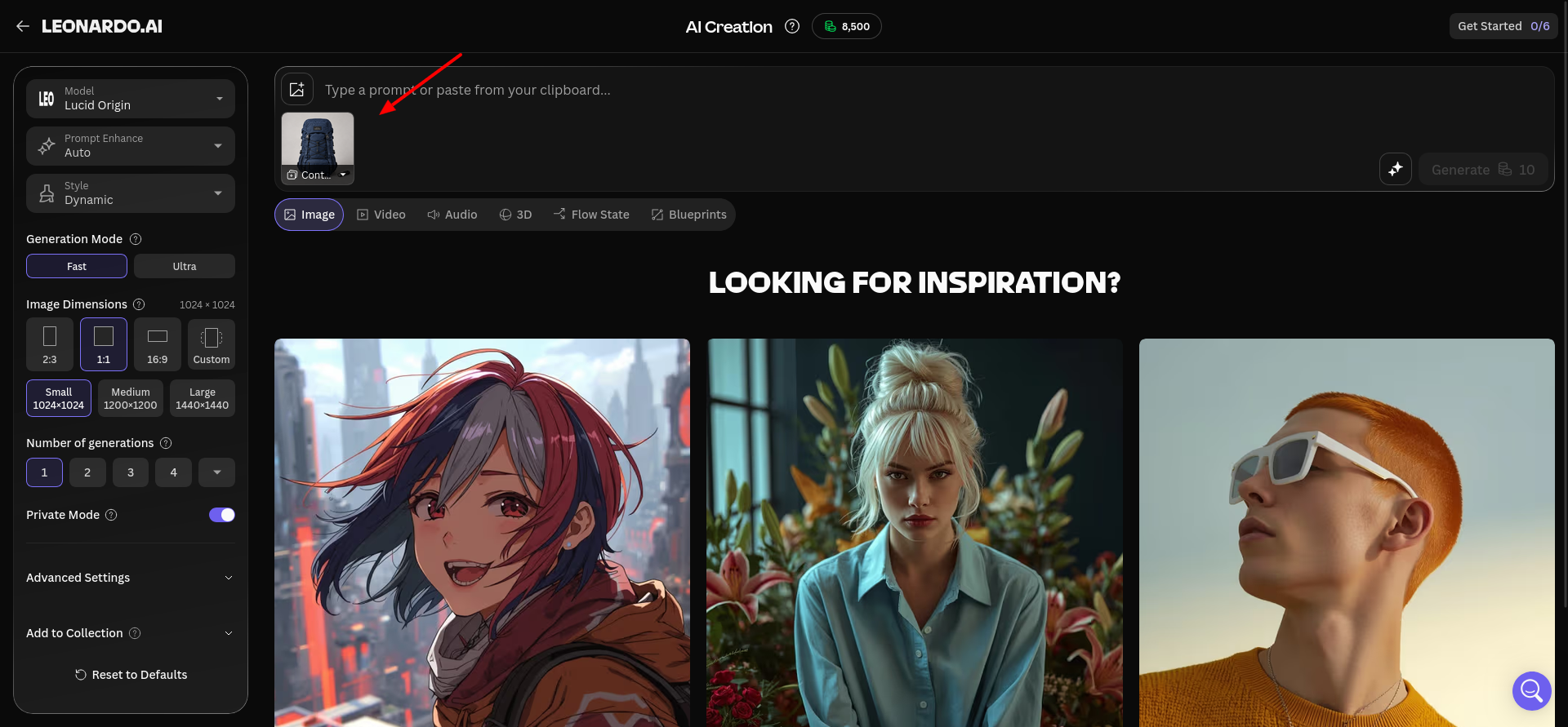 Content Reference selected with the original backpack image attached.