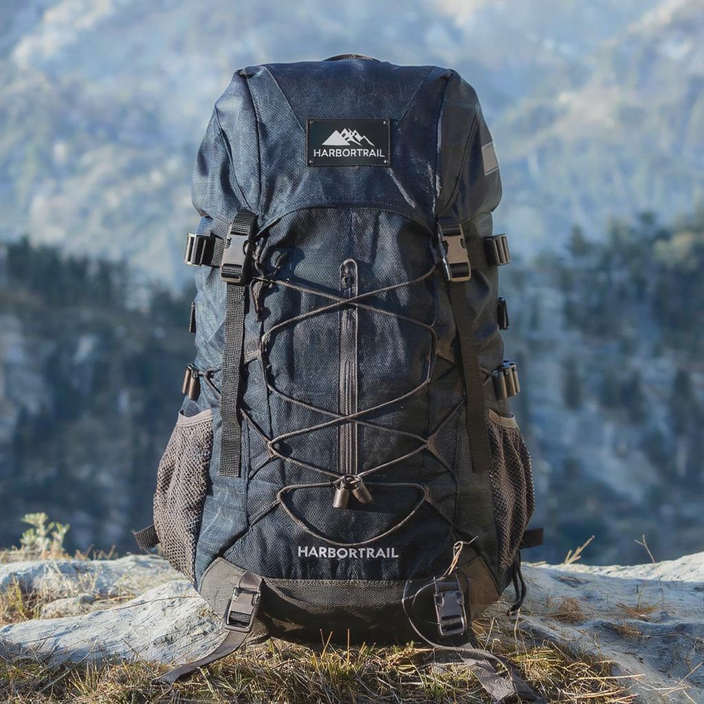 Lucid Origin mountain backpack output with a second lower HARBORTRAIL wordmark and changed front pockets.