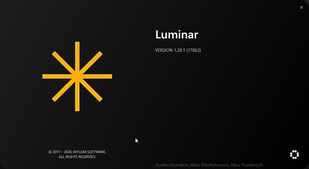 Luminar Neo About screen confirming version 1.28.1, build 17862, installed during my Windows testing.