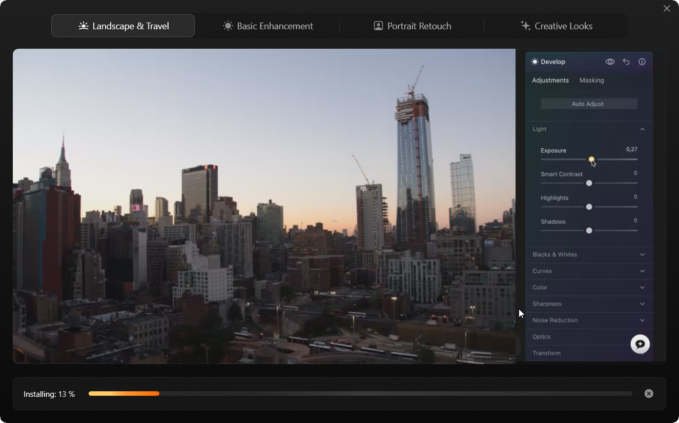 Windows installer displays Luminar editing previews and 13 percent installation progress.
