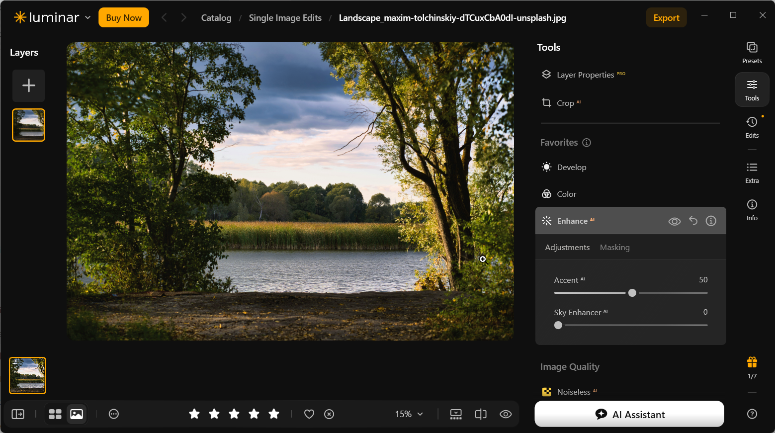Luminar Neo editing screen showing Accent AI set to 50 on the landscape photograph, while Sky Enhancer AI remains at zero.