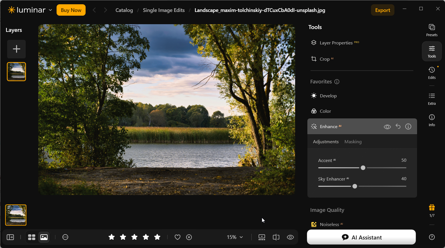 Luminar Neo landscape after applying Accent AI at 50 and Sky Enhancer AI at 40, with deeper cloud tones and brighter foliage.