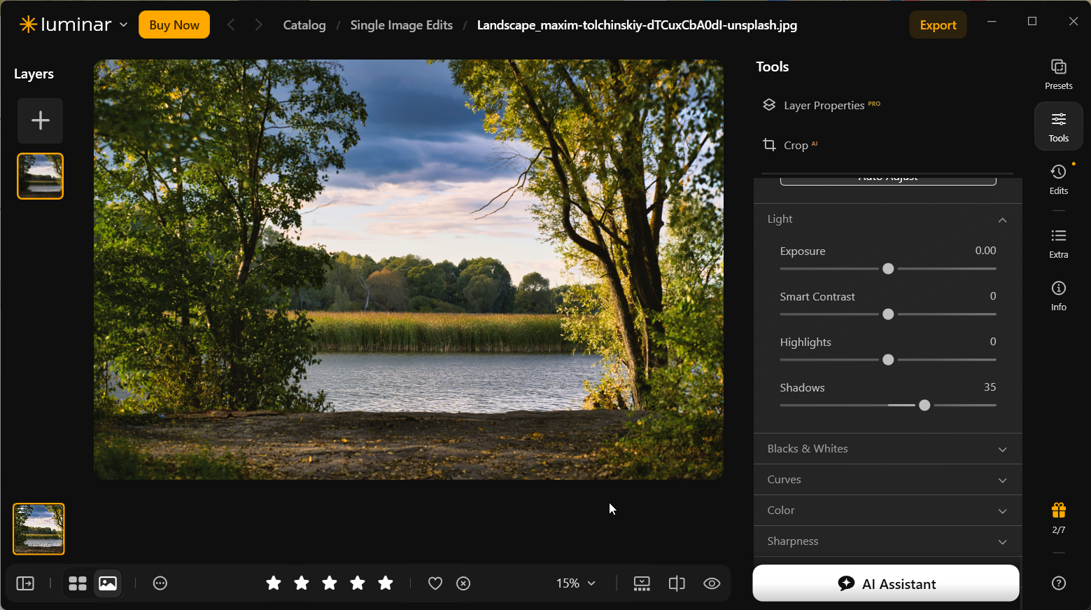 Luminar Neo Develop panel showing Shadows at +35, Exposure at 0.00, Smart Contrast at zero, and Highlights at zero beside the adjusted lake photograph.