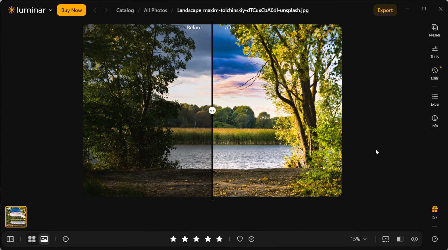 Before-and-after split view of the lake landscape, with muted original clouds and dark trees on the left and intensely blue clouds, pink sky tones, and bright green-yellow foliage on the edited right.