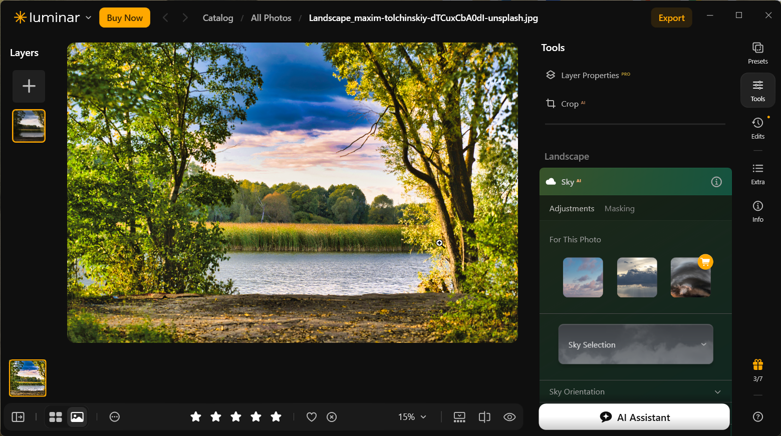 Luminar Neo Sky AI panel showing suggested replacement sky thumbnails and a Sky Selection menu next to an edited lake landscape.