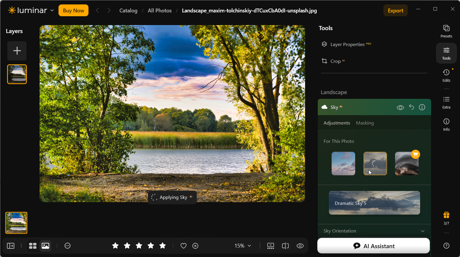 Luminar Neo applying Dramatic Sky 5 to the lake photograph, with a progress message and the selected sky thumbnail.