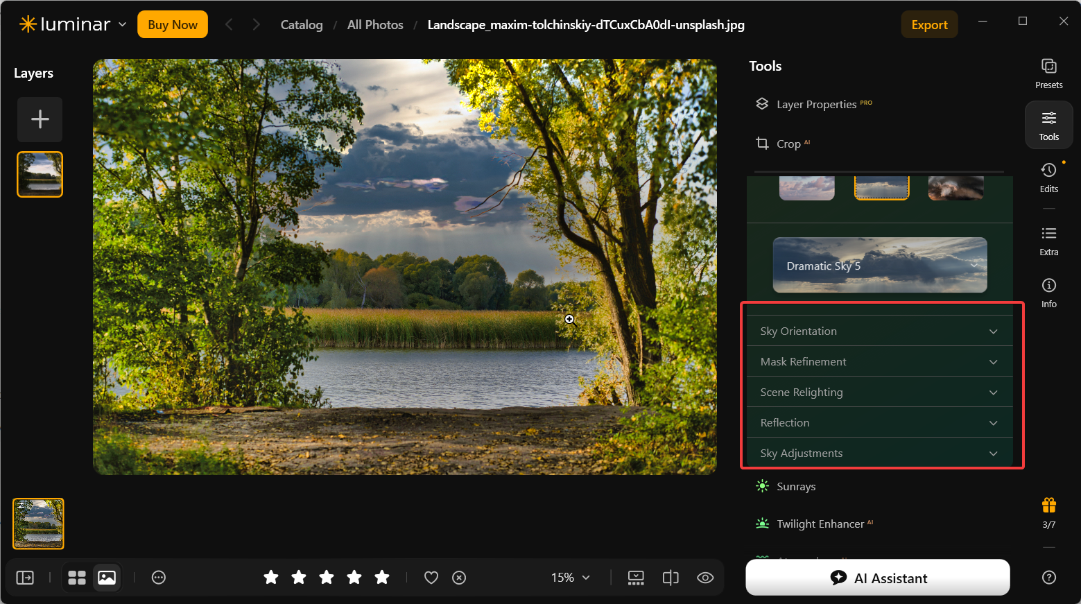 Luminar Neo Sky AI adjustment panel listing Sky Orientation, Mask Refinement, Scene Relighting, Reflection, and Sky Adjustments.