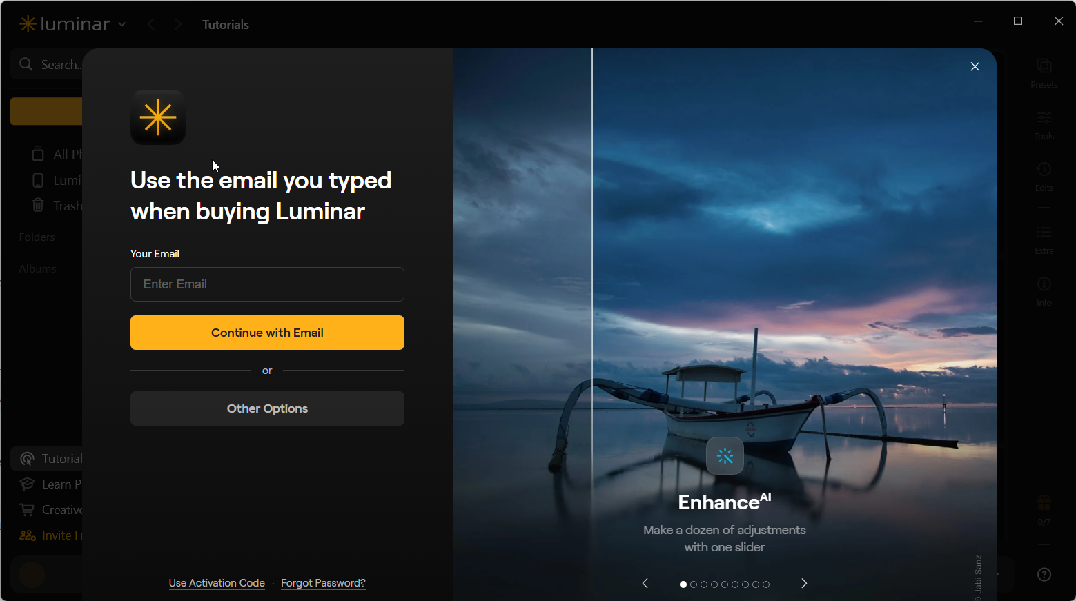 First-launch Luminar Neo sign-in window asks for an email and offers Other Options.