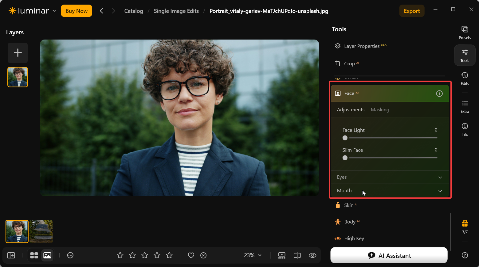 Luminar Neo Face AI panel showing Face Light and Slim Face at zero, with Eyes and Mouth controls collapsed beside the portrait.