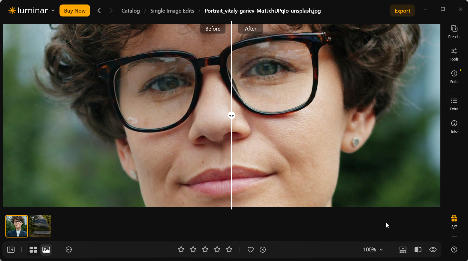 Close-up Before/After portrait in Luminar Neo at 100% zoom, showing natural skin texture, eyes, hair and eyeglass frames across the split.