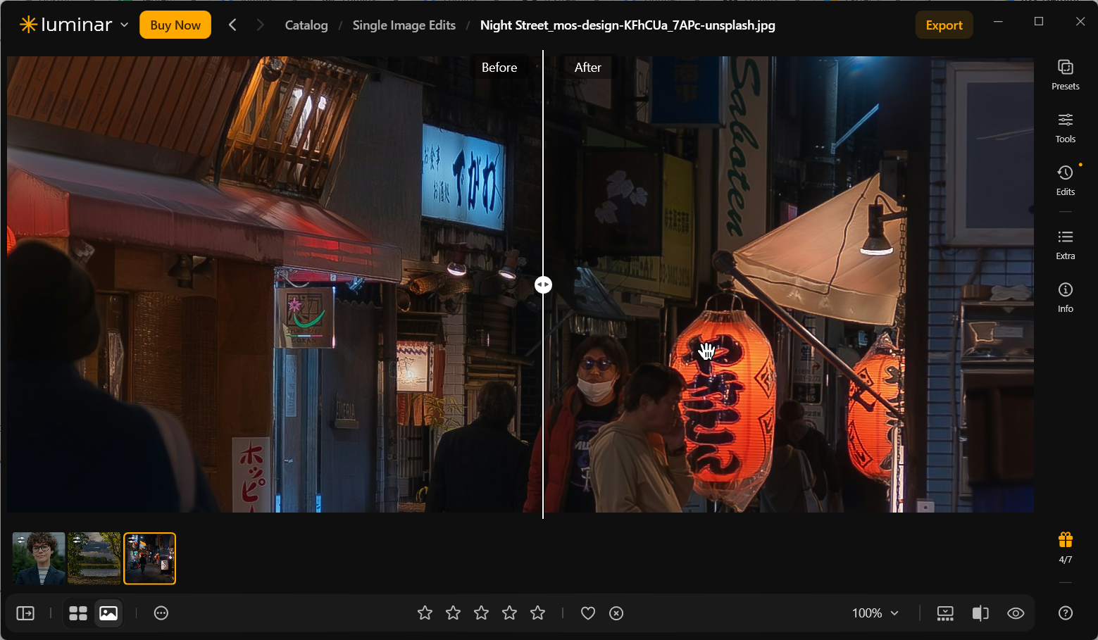 Luminar Neo 100% split comparison of the Japanese night street before and after Noiseless AI, featuring storefront shadows, blue signage, and bright red-orange lanterns.