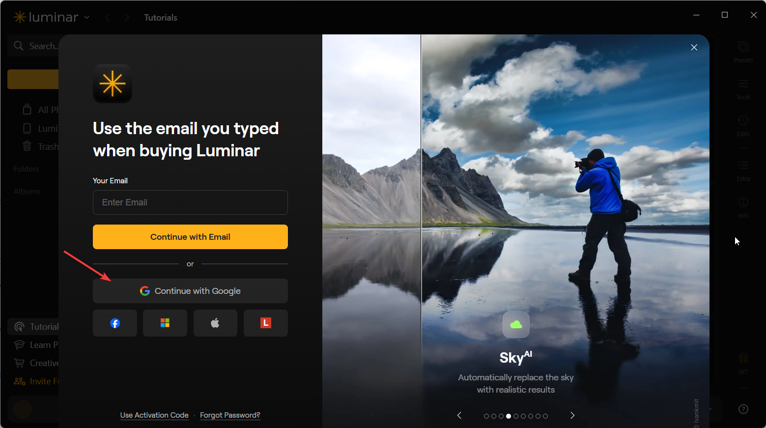 Luminar Neo displays alternative sign-in options, including Google, Facebook, Microsoft, and Apple.