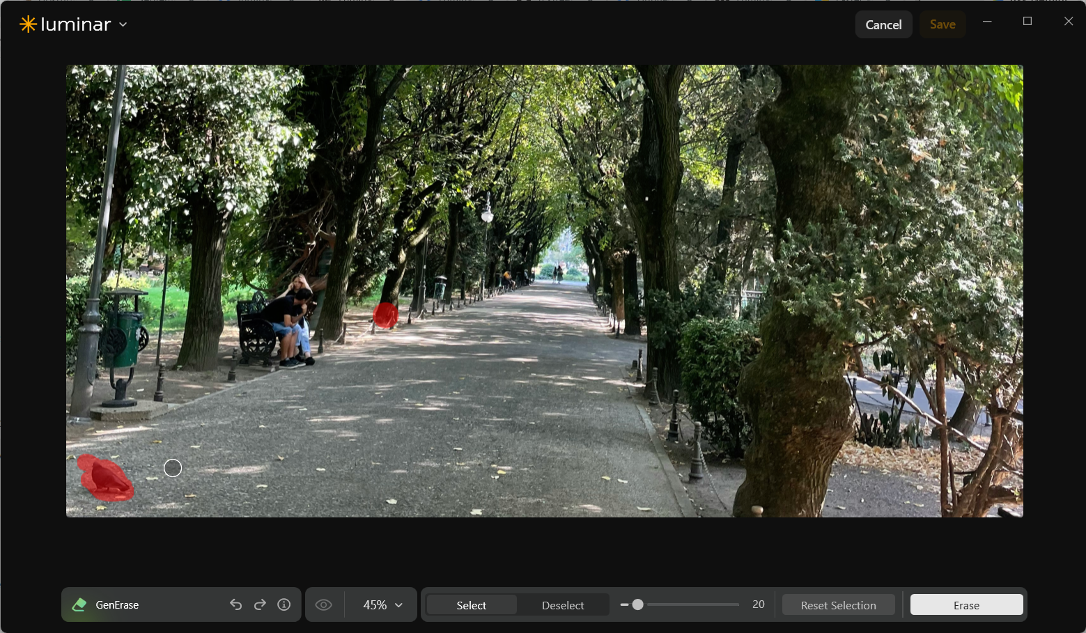 GenErase selection view at 45% zoom with a pigeon and a second small area of the park path painted red before removal.